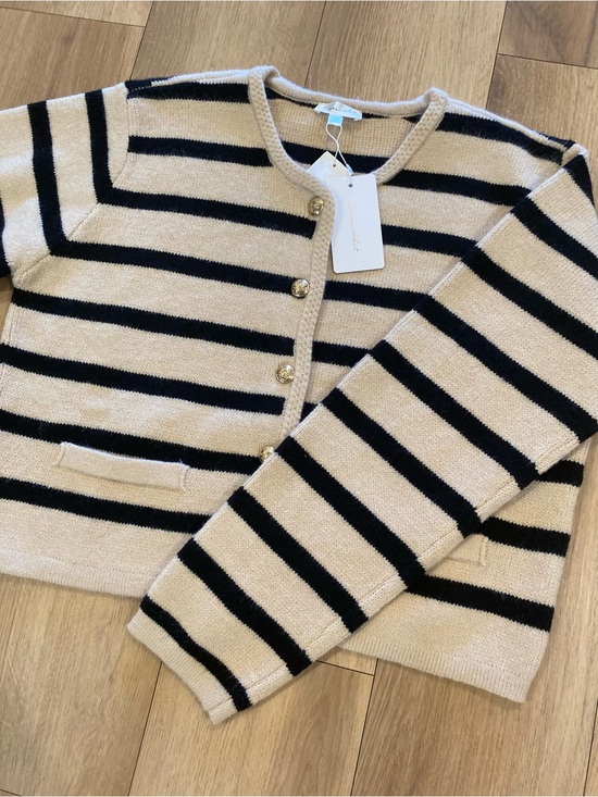 Line & Dot Sweaters - Line & Dot Benni Striped Knit Cardigan Beige/Black Size L NWT